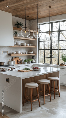 Clean minimalist kitchen with white cabinets and natural wood accents