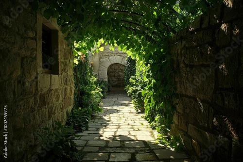 Stone Pathway Through a Leafy Archway in an Ancient Stone Structure