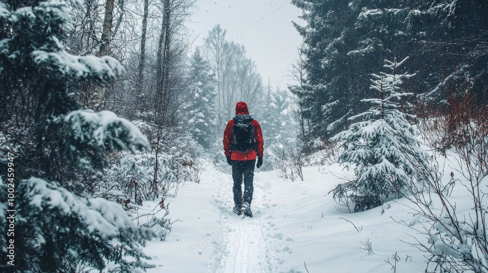 Scenic winter hike through snowy trail. Hiker walking away through snowy forest during snowfall Scenic winter hike through snowy trail. Hiker walking away through snowy forest during snowfall