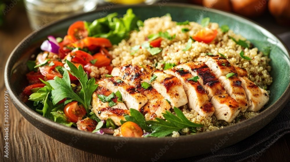 A tasty low-calorie dish with grilled chicken, quinoa, and a light salad, perfect for maintaining a healthy weight A tasty low-calorie dish with grilled chicken, quinoa, and a light salad, perfect for maintaining a healthy weight