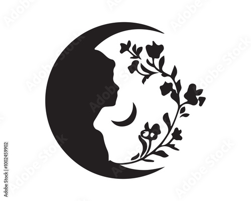 Artistic Crescent Moon with Flowers Silhouette Vector