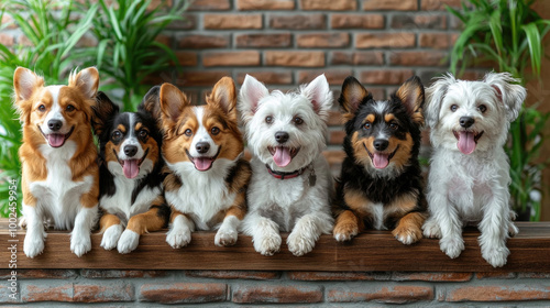 Seven happy dogs of various breeds and colors pose together, showcasing their cheerful expressions in a warm, inviting environment