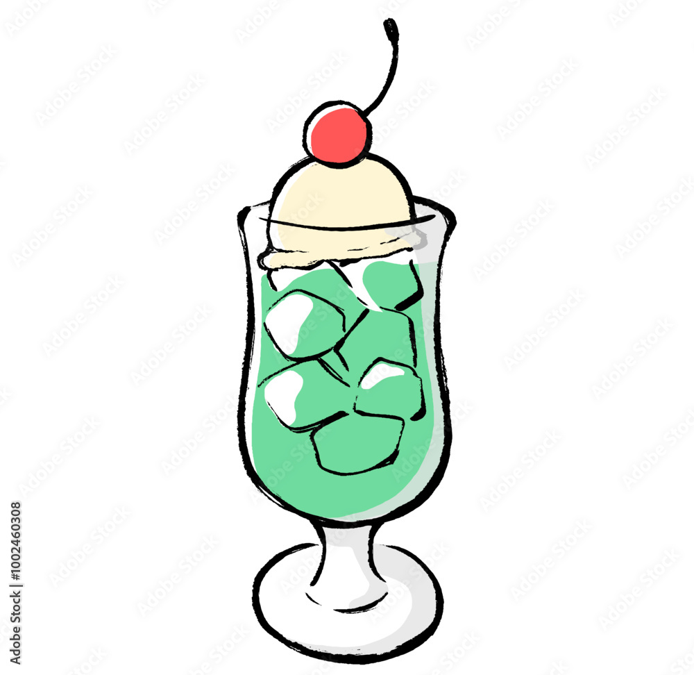 筆タッチのメロンクリームソーダのイラスト