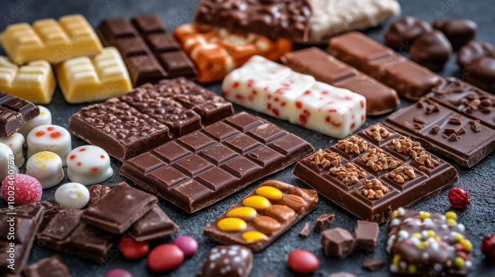 A variety of candy and chocolate bars, emphasizing the excessive sugar and lack of nutritional value A variety of candy and chocolate bars, emphasizing the excessive sugar and lack of nutritional value