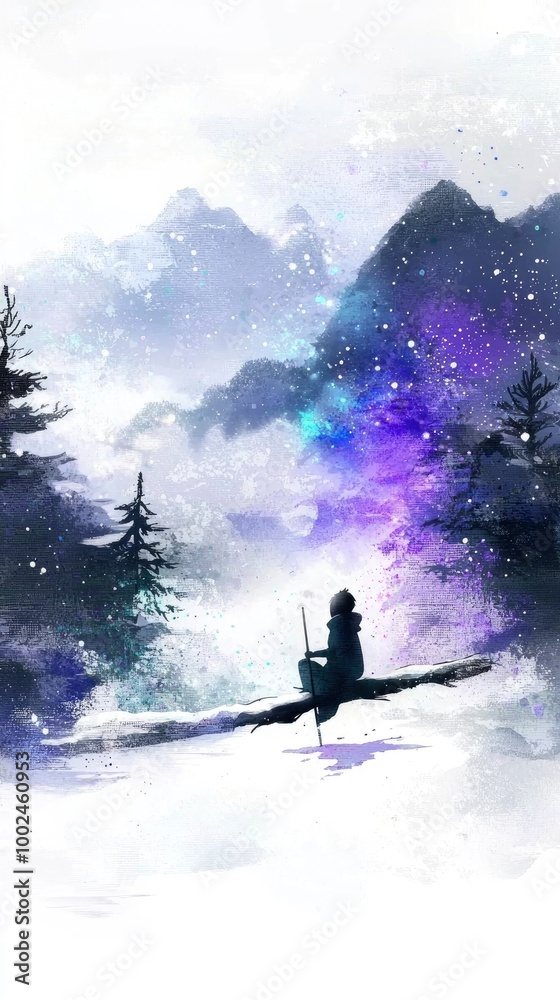Solitary Figure Gazing at the Milky Way in a Snowy Mountain Landscape Solitary Figure Gazing at the Milky Way in a Snowy Mountain Landscape