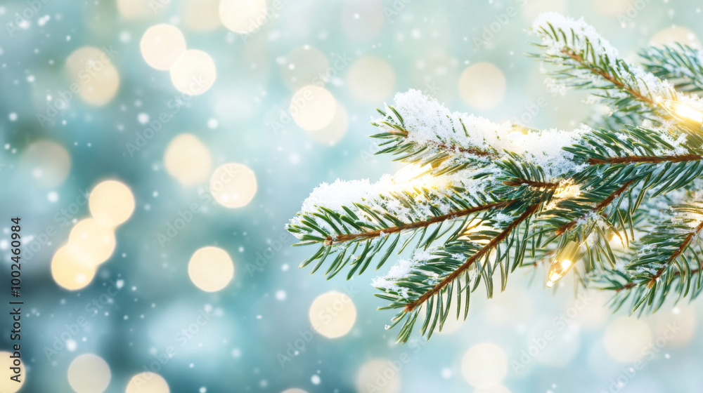 Snow-covered evergreen branches shine bright in a winter wonderland with soft bokeh lights Snow-covered evergreen branches shine bright in a winter wonderland with soft bokeh lights