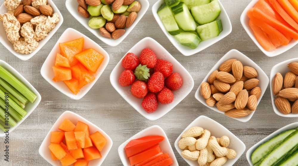 A variety of healthy snacks, from sliced fruit to nuts and veggie sticks, ready for a quick and nutritious bite A variety of healthy snacks, from sliced fruit to nuts and veggie sticks, ready for a quick and nutritious bite