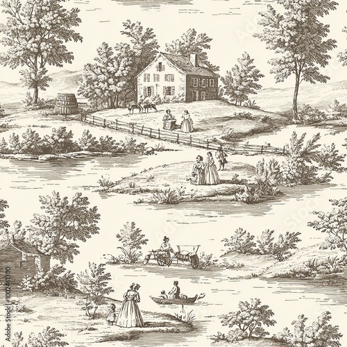 A minimalist Toile de Jouy seamless pattern with simple line art depicting French countryside landscapes