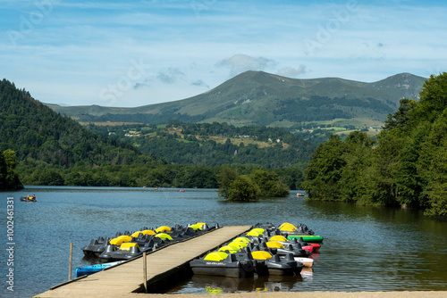 Lake Chambon. Sancy massif in background, Puy de Dome department. Auvergne Volcanoes National Park. Auvergne Rhone Alpes. France photo