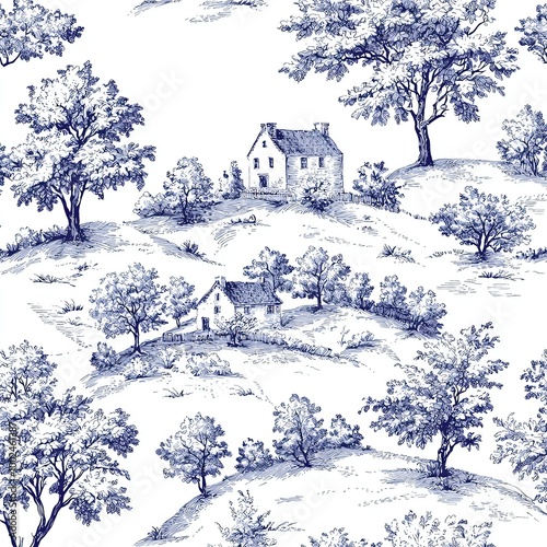 A minimalist Toile de Jouy seamless pattern with simple line art depicting French countryside landscapes