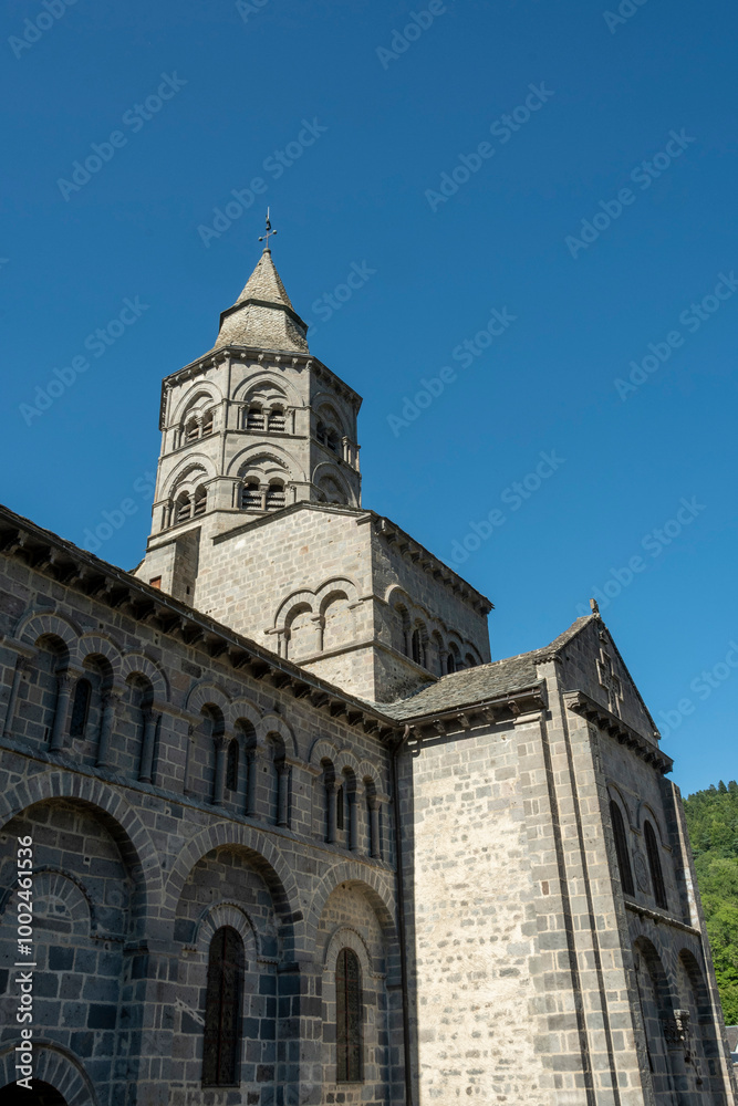 Basilica Notre Dame d'Orcival. Natural regional park of volcans d'auvergne. Puy de Dome. Auvergne Rhone Alpes. France