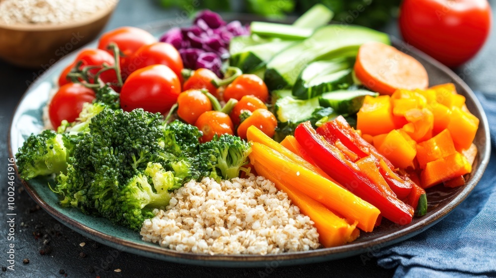 A vibrant plate of fresh vegetables, whole grains, and lean proteins, showcasing the benefits of a healthy and balanced diet A vibrant plate of fresh vegetables, whole grains, and lean proteins, showcasing the benefits of a healthy and balanced diet