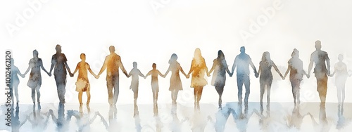 A watercolor, realistic, and detailed illustration of a group of people holding hands in different colors and skin tones