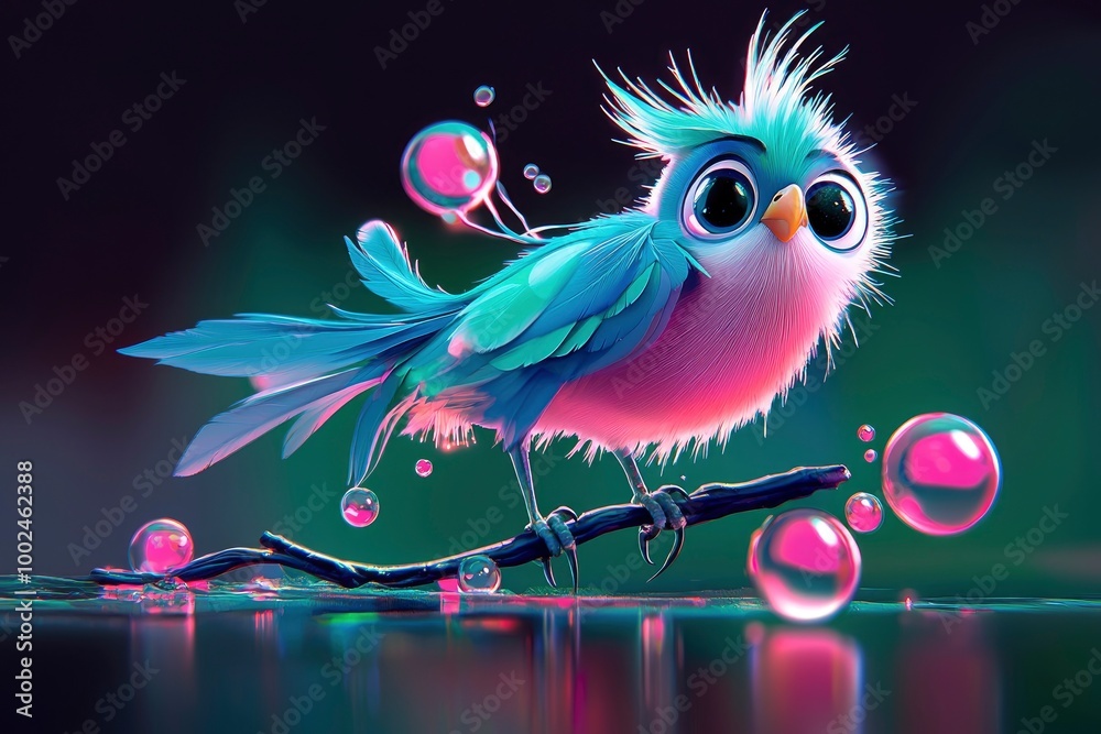 Fototapeta premium Cute Cartoon Bird with Bubbles