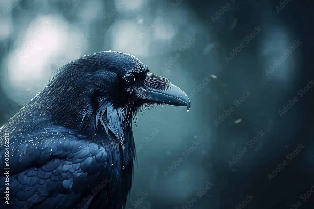 A majestic raven perched quietly in a misty forest during early morning hours A majestic raven perched quietly in a misty forest during early morning hours