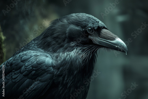 A close-up view of a raven perched quietly in a natural setting during twilight hours