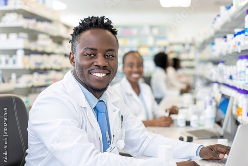 Smiling pharmacist in white coat working in pharmacy with colleagues nearby