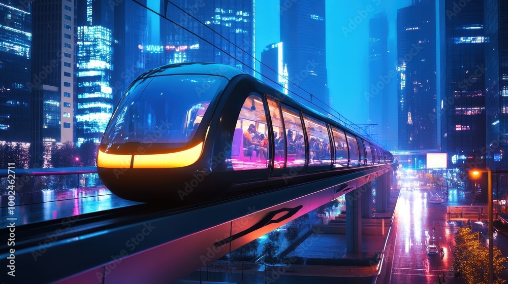 Futuristic train gliding through a neon-lit urban landscape at night.