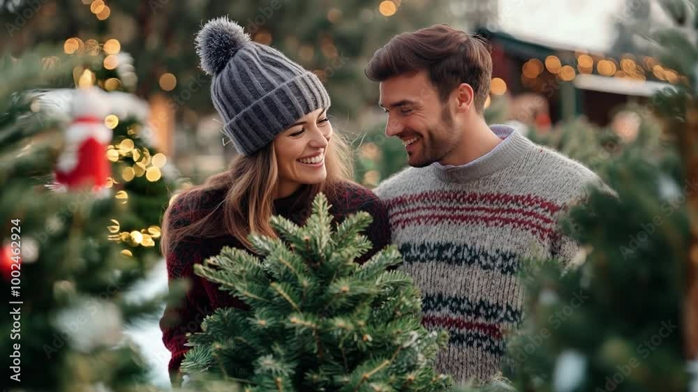 A couple happily chooses a Christmas tree among lush evergreens at a winter tree farm adorned with lights
