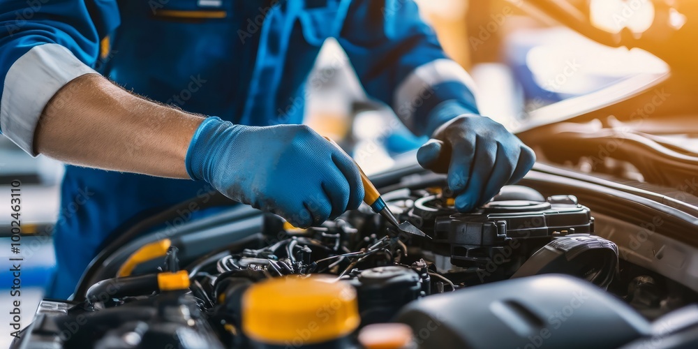 Mechanic fixing car engine in garage for car repair service. Concept Car Repair. Mechanic fixing car engine in garage for car repair service. Concept Car Repair.