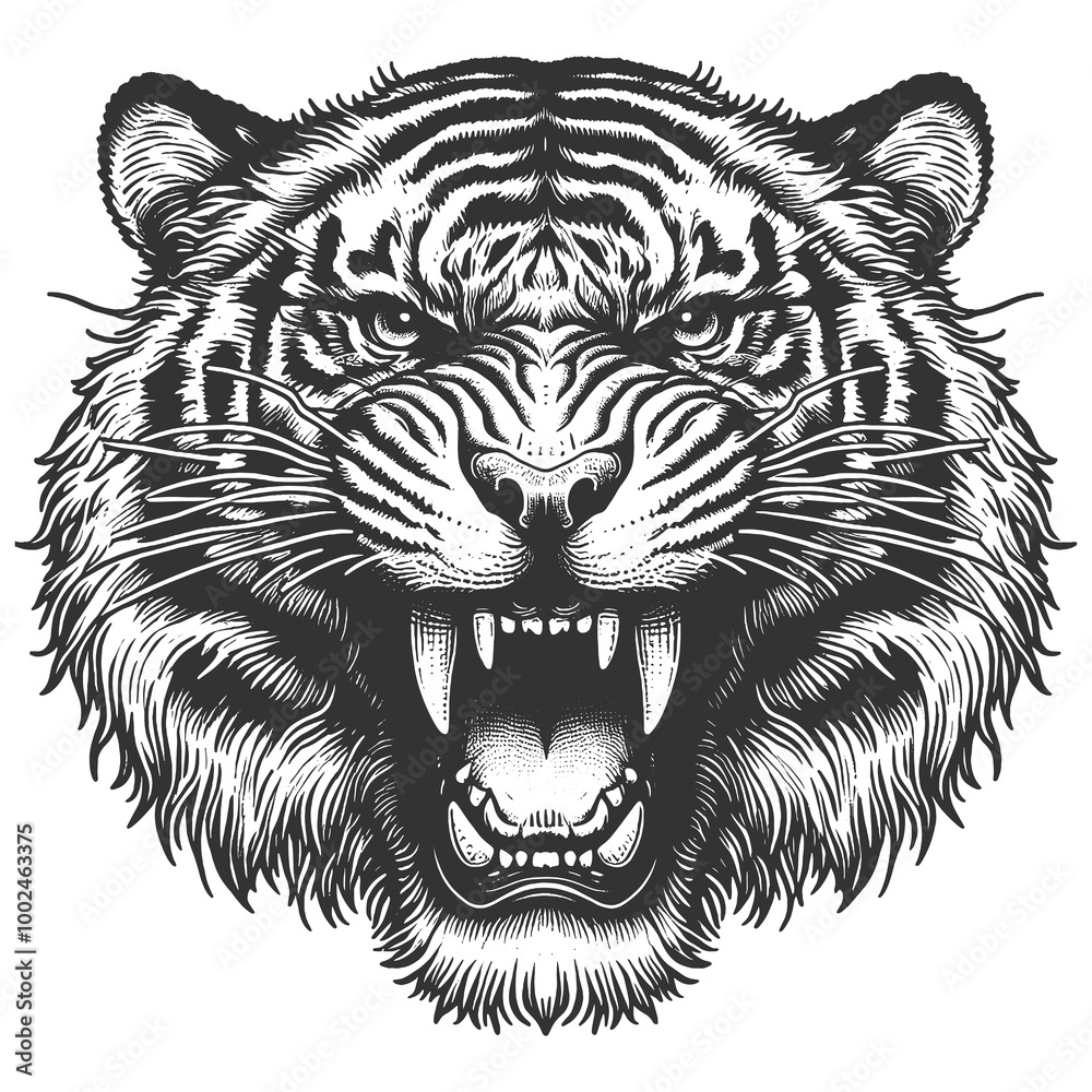 Fototapeta premium fierce roaring tiger growling, sharp teeth and powerful expression, exuding wild strength sketch engraving generative ai raster illustration. Scratch board imitation. Black and white image.