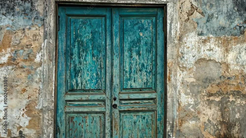 A weathered teal door with a chipped paint job stands against a worn, peeling wall A weathered teal door with a chipped paint job stands against a worn, peeling wall