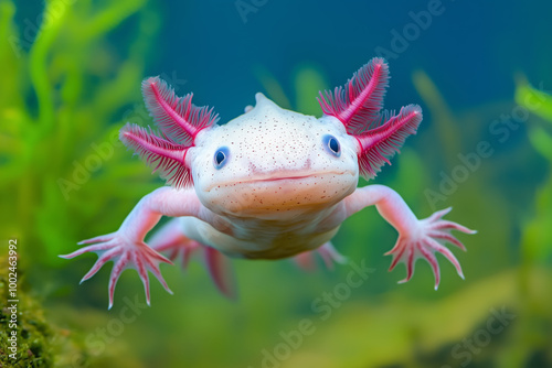 A pink axolotl swimming in an aquarium, showcasing its vibrant gills and curious expression in a lush aquatic environment photo