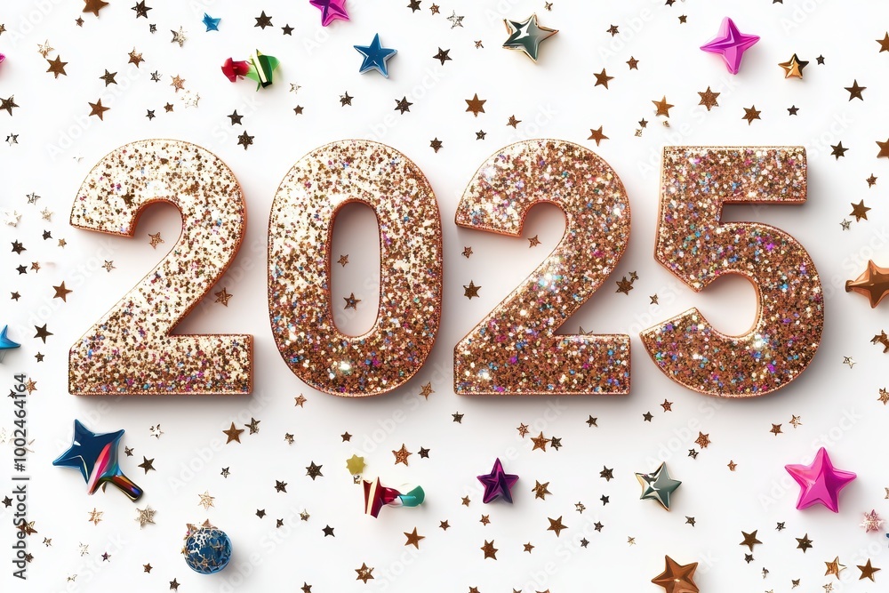 Glittery numbers '2025' surrounded by colorful stars and confetti for celebration. Glittery numbers '2025' surrounded by colorful stars and confetti for celebration.