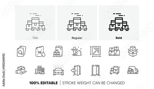 Delivery truck, Packing boxes and Buildings line icons. Pack of Open door, Mobile inventory, Hold box icon. Boxes pallet, Entrance, Car wash pictogram. Wholesale inventory, Square area. Vector
