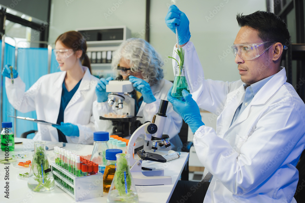 Fototapeta premium Team Microbiologists Analyzing Molecular Samples in Advanced Food Science Laboratory, Dietitian food and medicine.