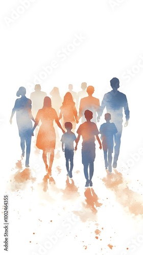 A watercolor, realistic, and detailed illustration of a group of people holding hands in different colors and skin tones