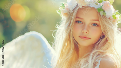 Young girl with angel wings and floral crown posing in soft sunlight during a serene afternoon