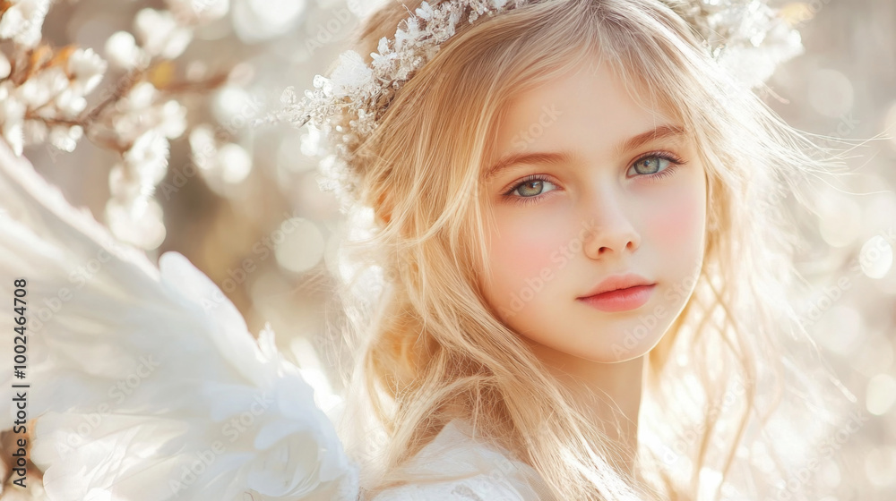 A young girl with angel wings and a flower crown in a dreamy, soft-focus garden setting A young girl with angel wings and a flower crown in a dreamy, soft-focus garden setting