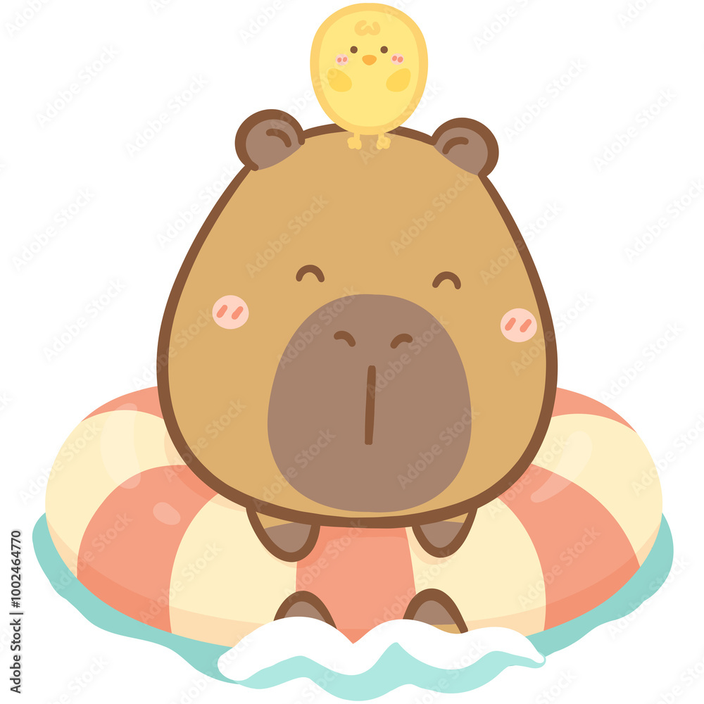 Naklejka premium Happy capybara with pool float 