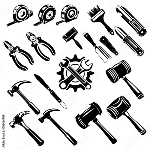 Set of construction tools, black outline on white background