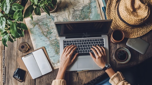 A young adult using a laptop and a notebook to plan an upcoming vacation