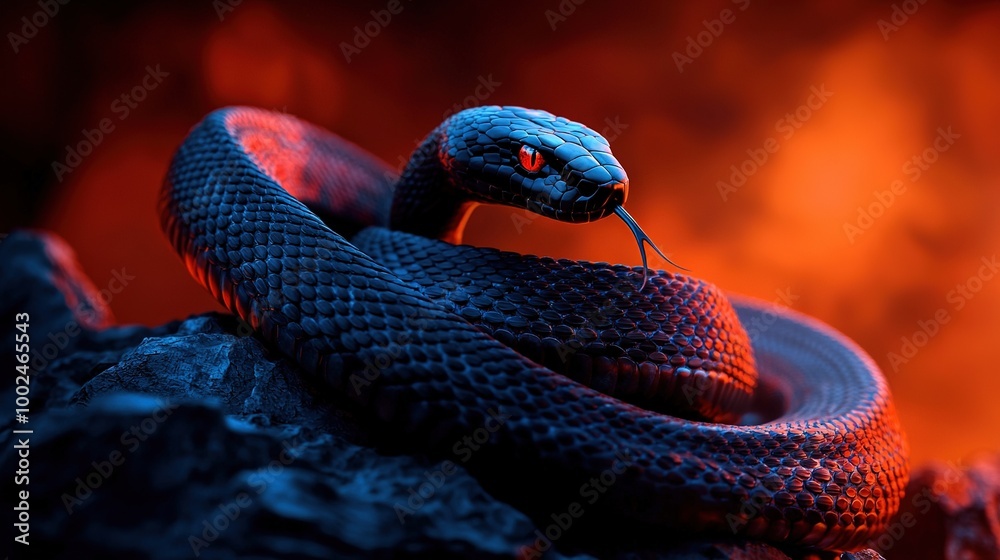 Naklejka premium A macroscopic shot of a serpent perched atop a boulder, illuminated by a crimson radiance emanating from above its head