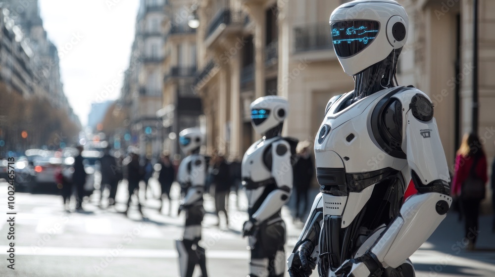 AI robots providing assistance in a capital city public spaces, from directing traffic to helping in emergency situations AI robots providing assistance in a capital city public spaces, from directing traffic to helping in emergency situations