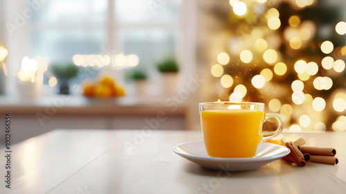 Cozy cup of orange beverage on a table with a blurred Christmas tree and festive decor