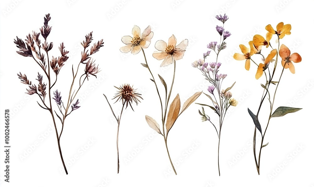 Fototapeta premium Watercolor illustration of autumn dry wildflowers and meadow flowers in soft natural tones
