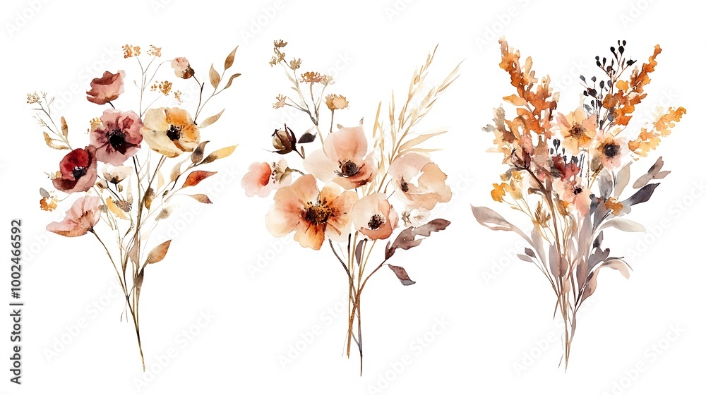 Fototapeta premium Watercolor illustration of autumn dry wildflowers and meadow flowers in soft natural tones