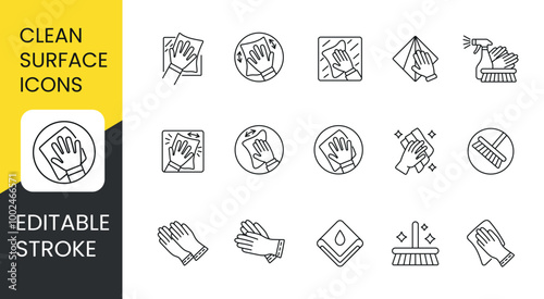 Clean surface before using mounting foam, vector line icon set with editable stroke