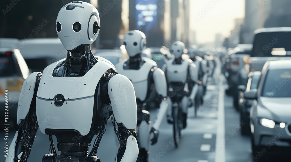 AI-powered robots managing traffic systems in a busy urban area, optimizing flow and reducing congestion in a high-tech city AI-powered robots managing traffic systems in a busy urban area, optimizing flow and reducing congestion in a high-tech city