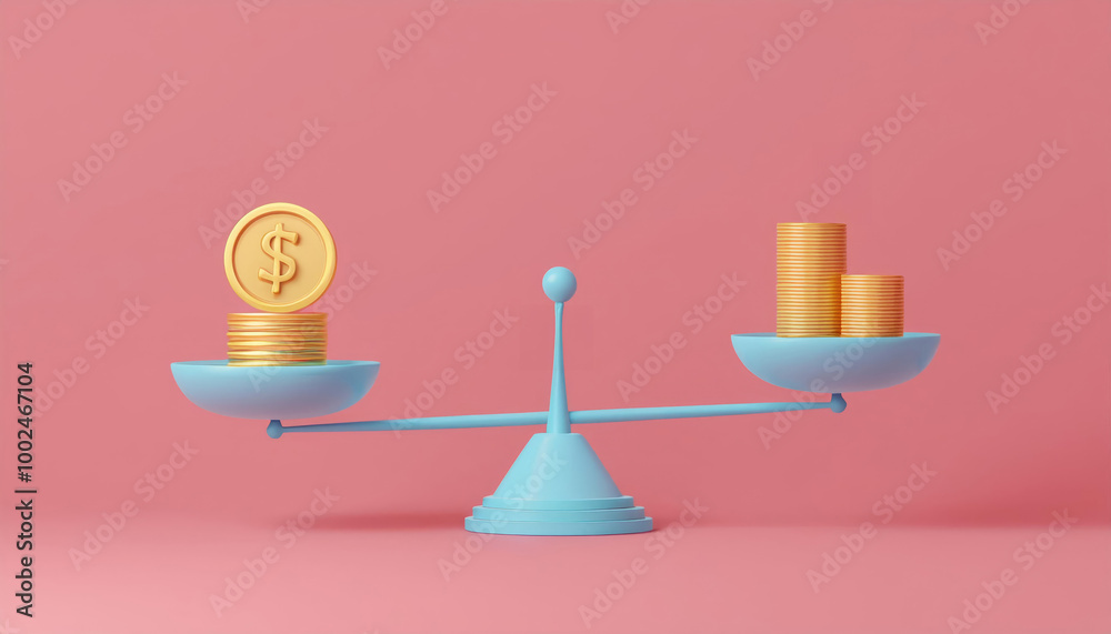 Colorful balance scale with coins and bars symbolizing financial decisions against a pink background. Colorful balance scale with coins and bars symbolizing financial decisions against a pink background.