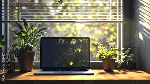 Wallpaper Mural A laptop sits on a windowsill with potted plants and the blinds open, letting in natural light Torontodigital.ca