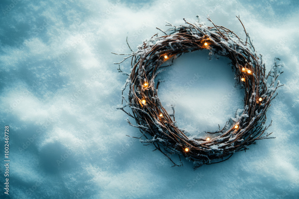 Fototapeta premium Winter wreath adorned with lights resting on fresh snow in a serene outdoor setting