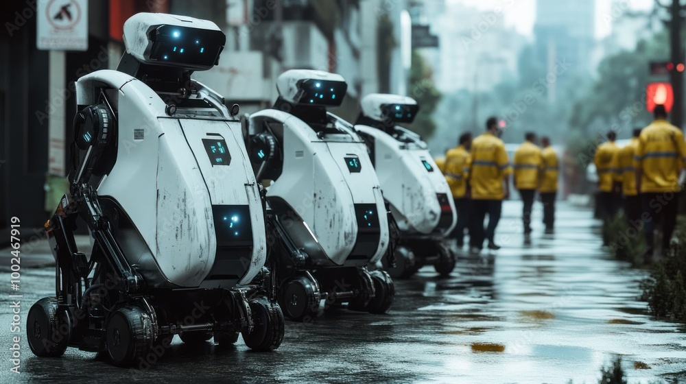 Fototapeta premium Autonomous disaster response robots coordinating with emergency teams to manage evacuation and relief efforts during natural disasters