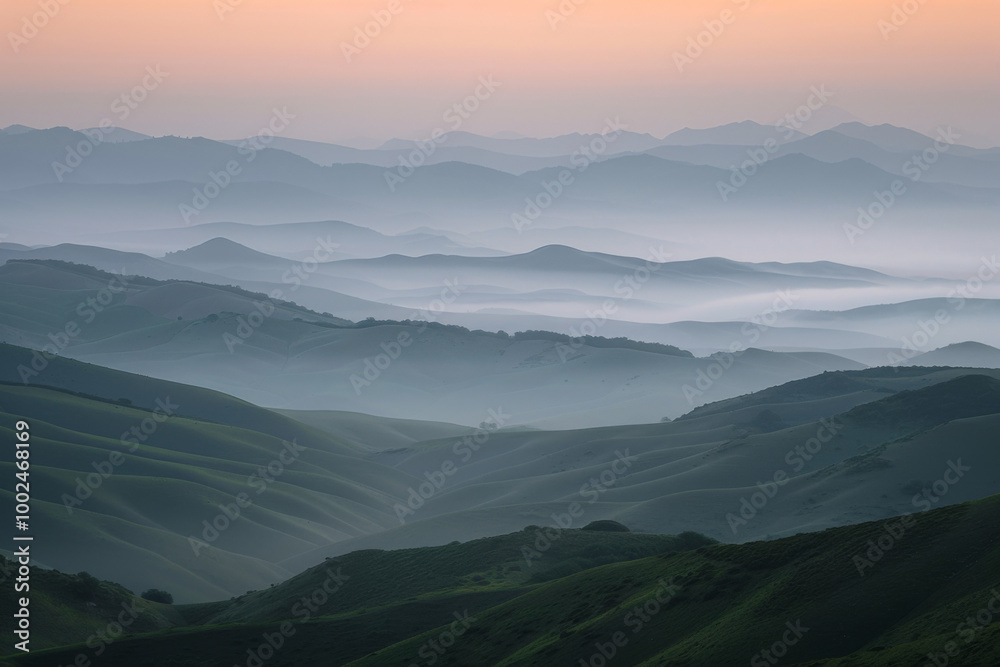 Obraz premium Breathtaking view of fog-covered mountains at dawn with a soft gradient sky in the background