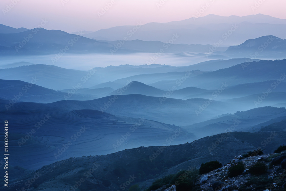 Serene twilight over rolling hills in a misty mountain landscape during dawn