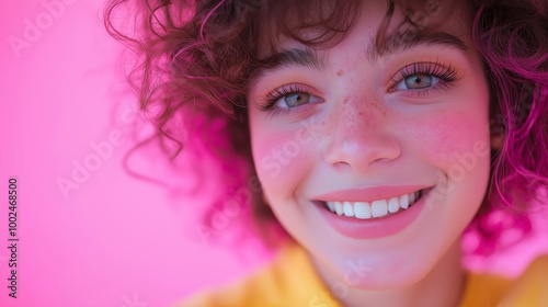 Close-up of a happy young woman with curly hair, against a pink background, wearing a yellow shirt and pink lipstick